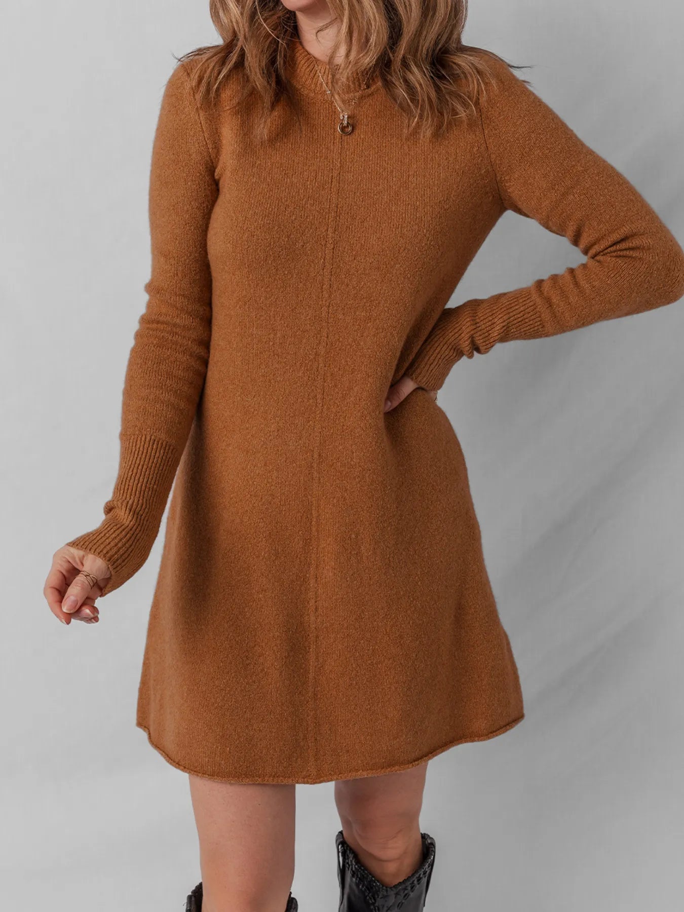 brown mini sweater dress Ribbed Detail Solid Color Mini Sweater Dress – Charming Charlie