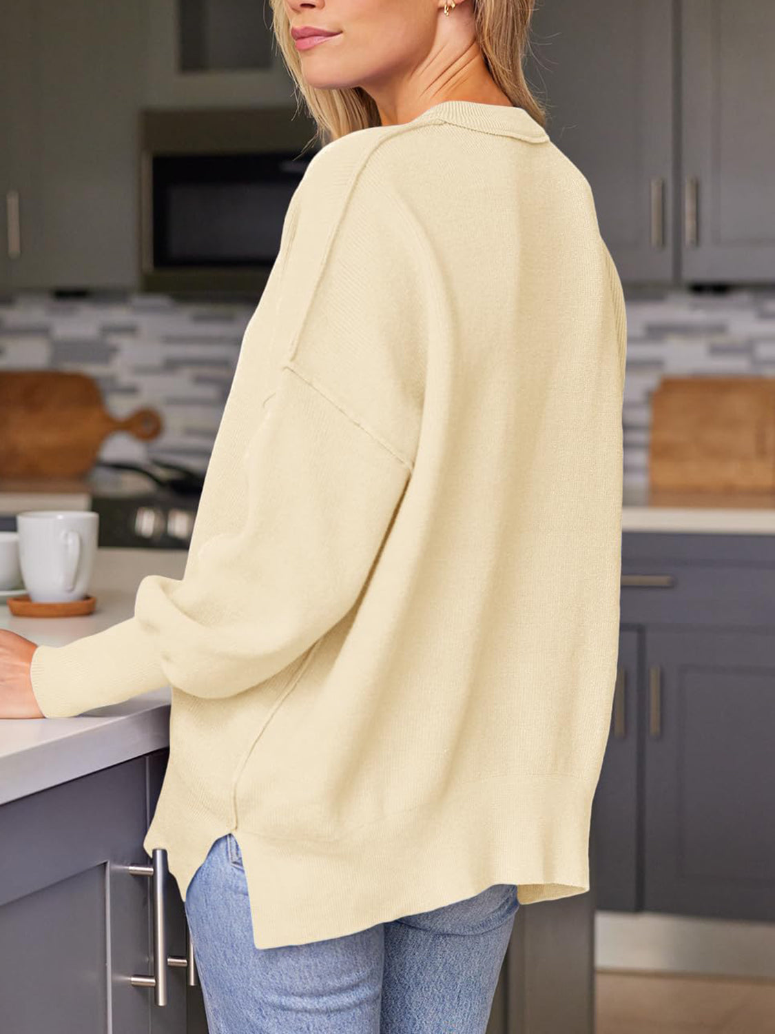 Slit Round Neck Dropped Shoulder Sweater - Charming Charlie