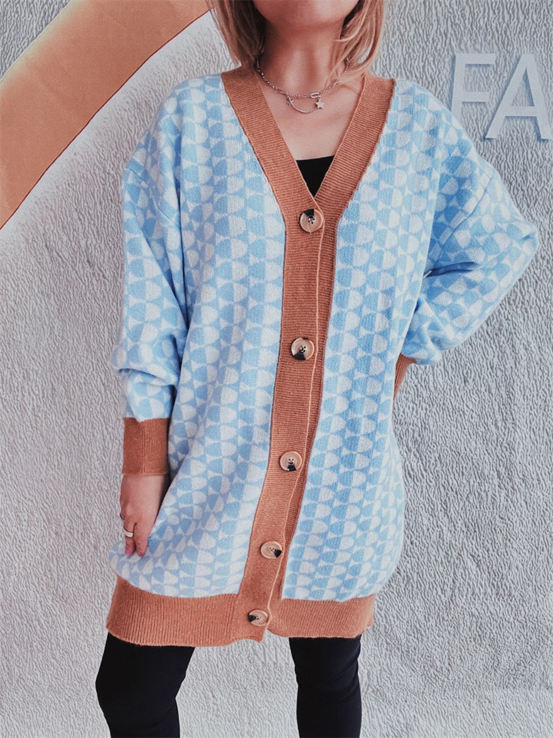 Contrast Trim Geometric Button Down Cardigan - Charming Charlie