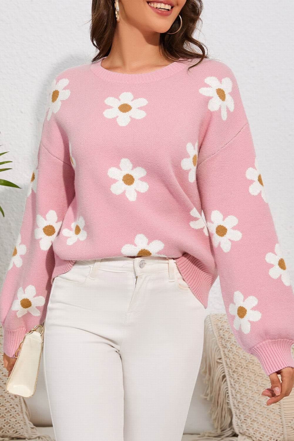 Flower Round Neck Dropped Shoulder Sweater - Charming Charlie