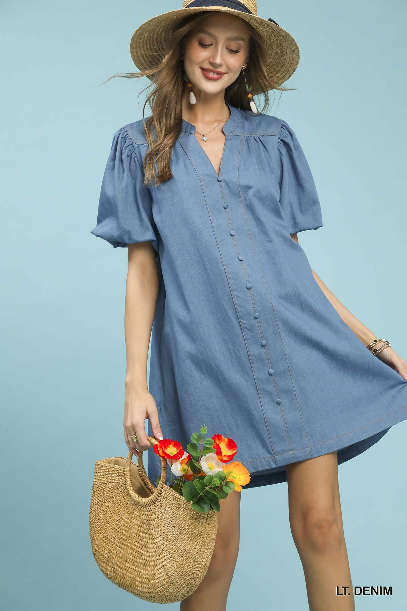 short sleeve chambray dress Umgee Chambray Puff Sleeve Dress LT. DENIM / L