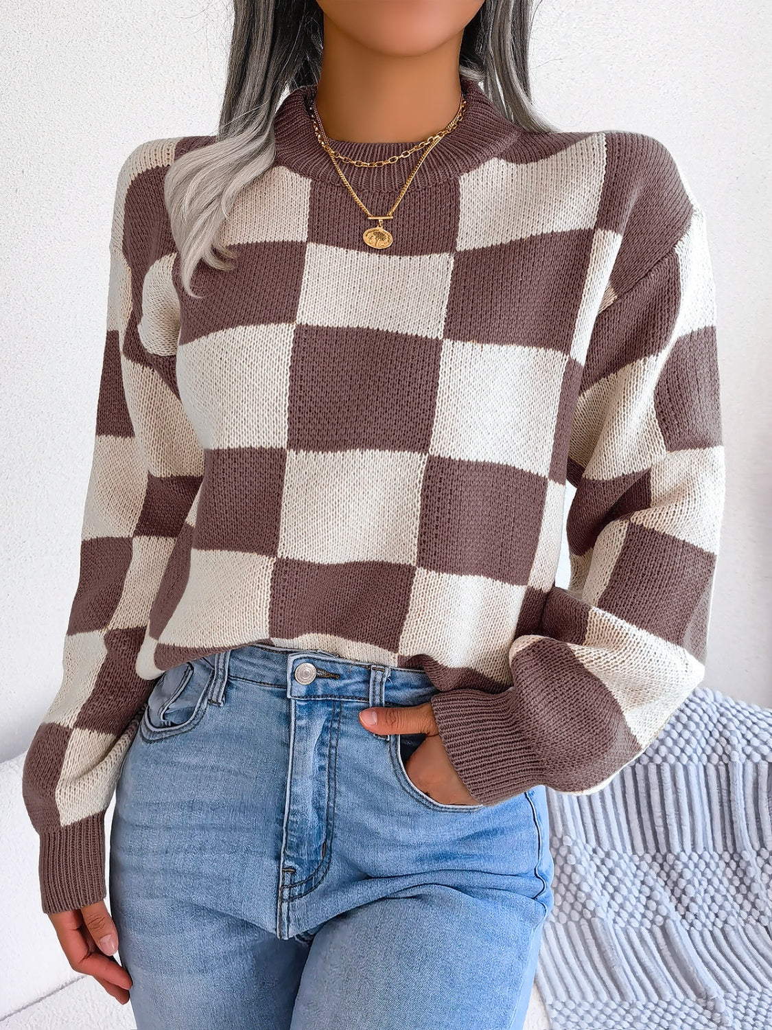 Checkered Mock Neck Long Sleeve Sweater - Charming Charlie