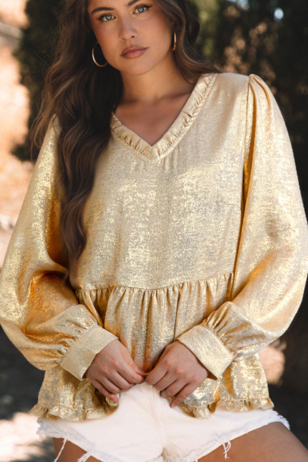 Frill Peplum V-Neck Long Sleeve Blouse - Charming Charlie