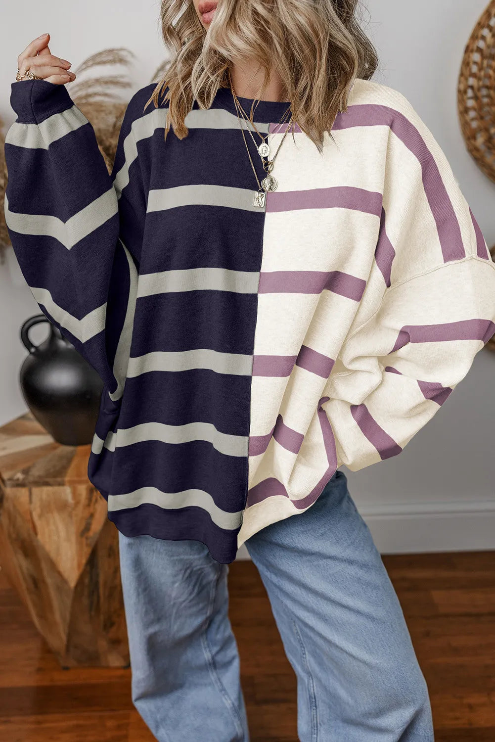 Striped Round Neck Long Sleeve Knit Top - Charming Charlie