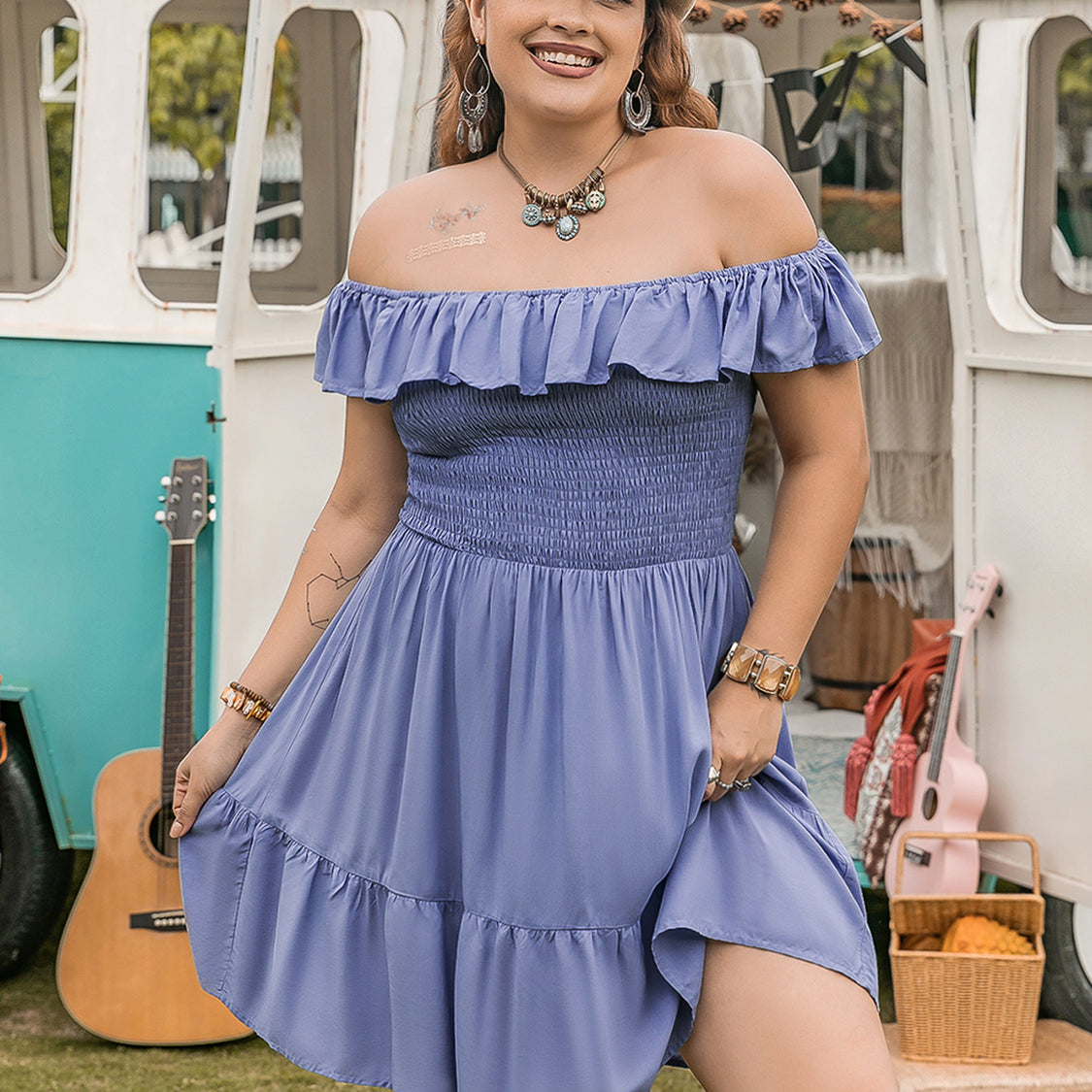 Plus Size Ruffled Smocked Off-Shoulder Mini Dress Charming Charlie Plus Size Ruffled Smocked Off-Shoulder Mini Dress Charming Charlie