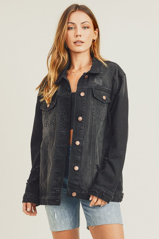 RISEN Full Size Distressed Long Sleeve Denim Jacket - Charming Charlie