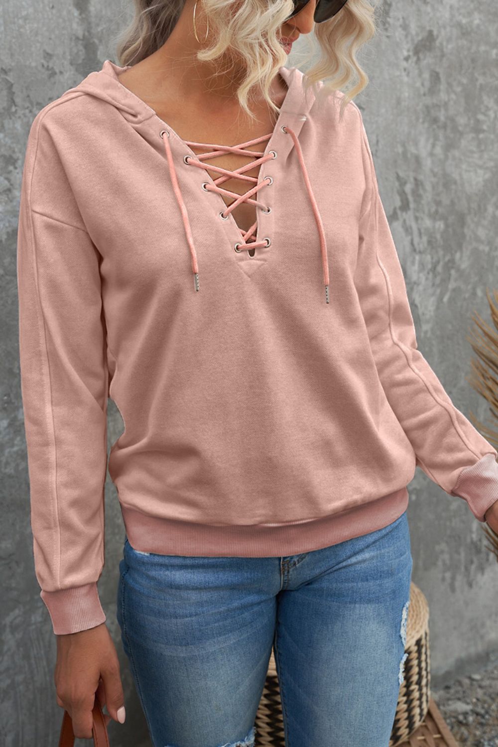 Lace Up Long Sleeve Hoodie - Charming Charlie