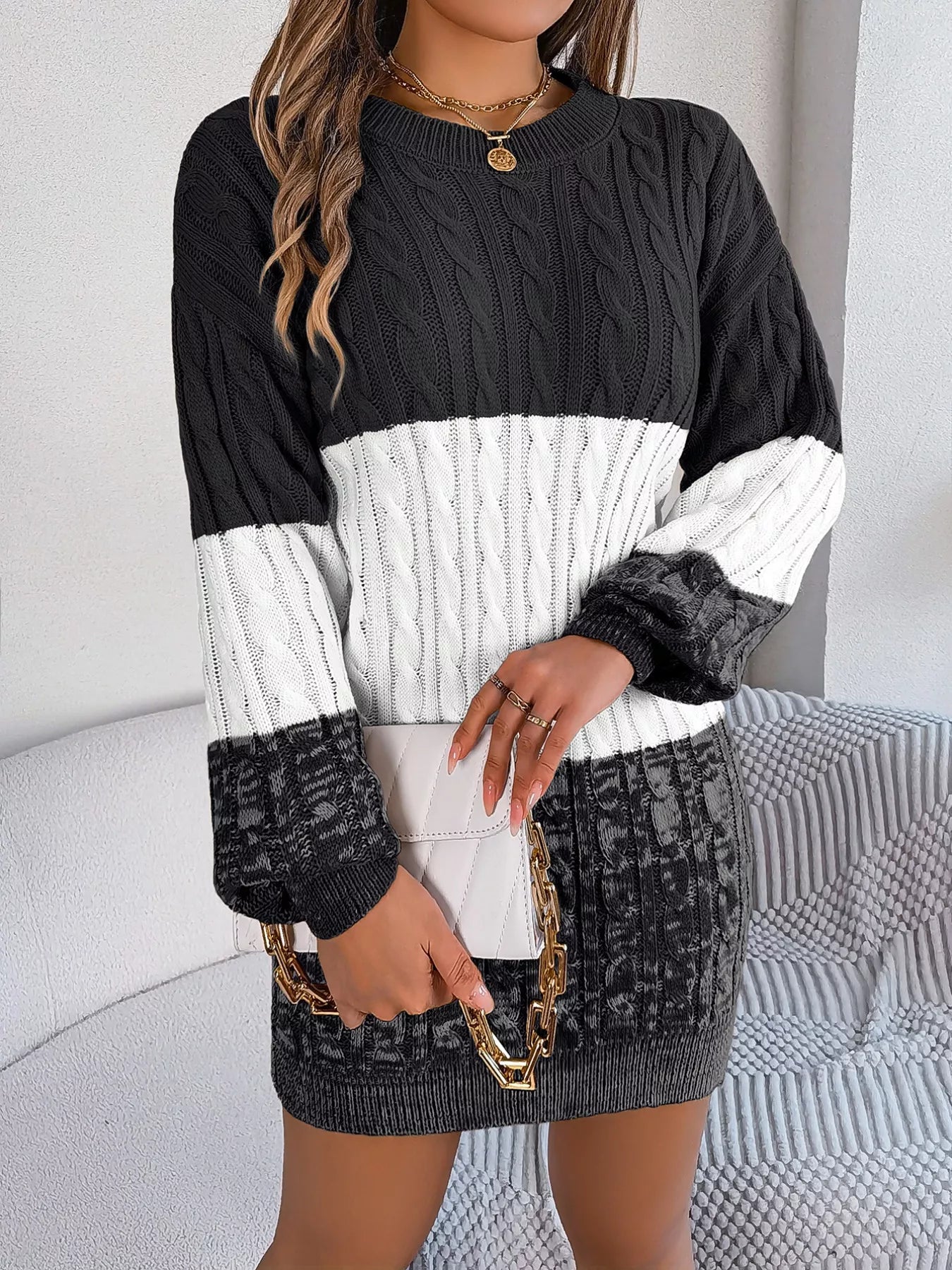 Color Block Cable Knit Sweater Dress with Textured Pattern Camel / XL Color Block Cable Knit Sweater Dress with Textured Pattern Camel / XL