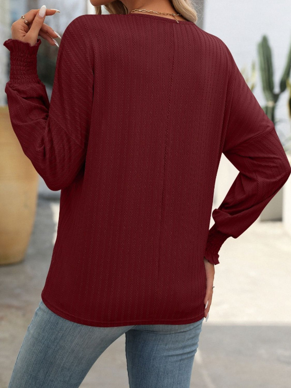 Round Neck Smocked Lantern Sleeve T-Shirt main image 0
