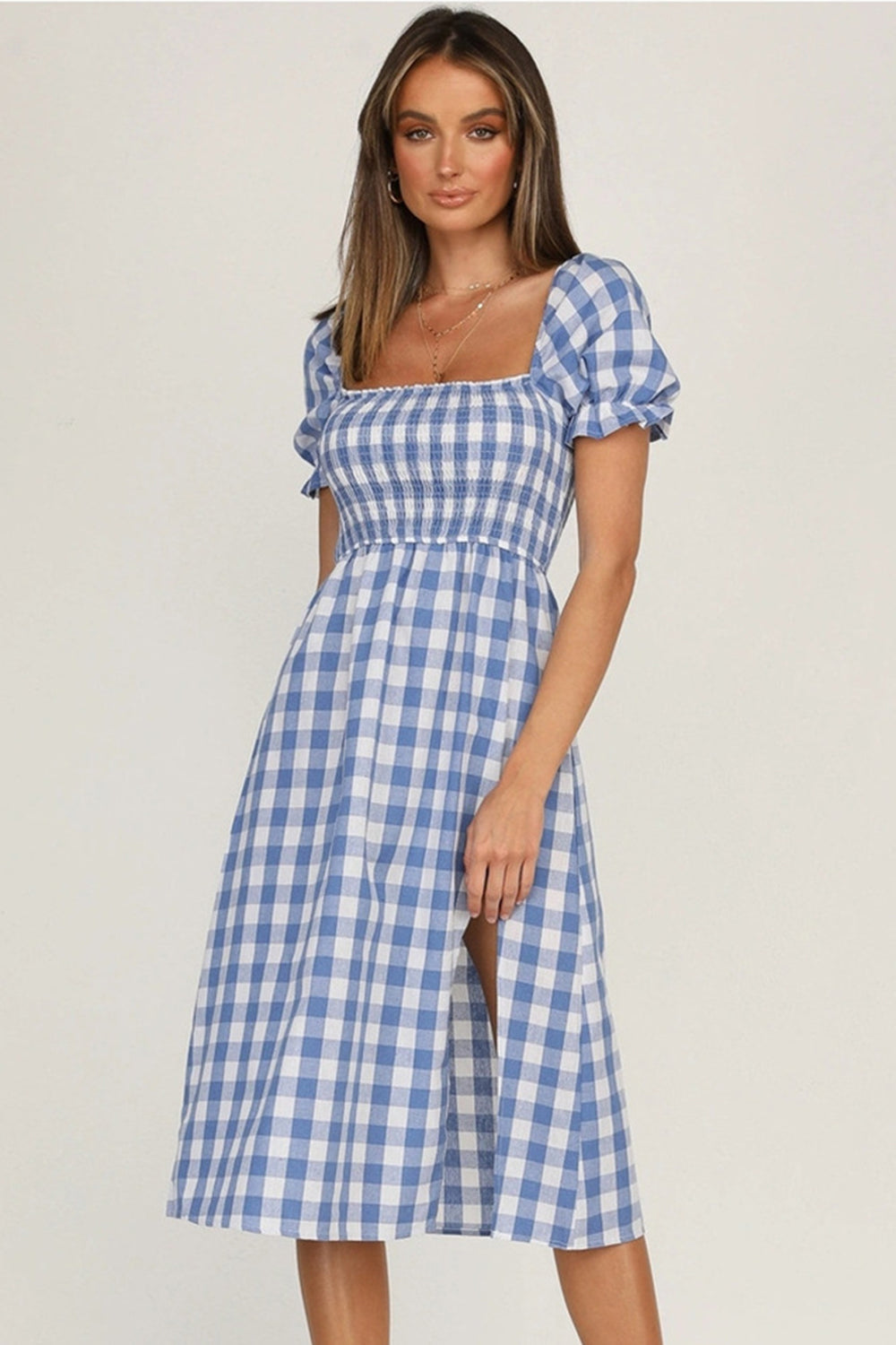 short plaid dress Full Size Slit Plaid Short Sleeve Midi Dress – Charming Charlie