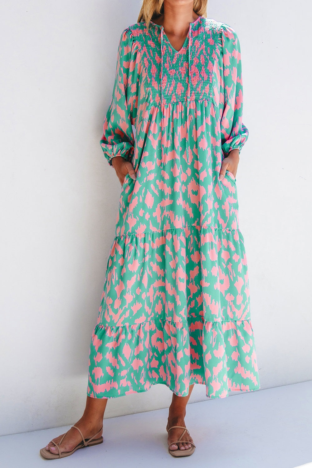 Smocked Printed Tie Neck Long Sleeve Dress - Charming Charlie