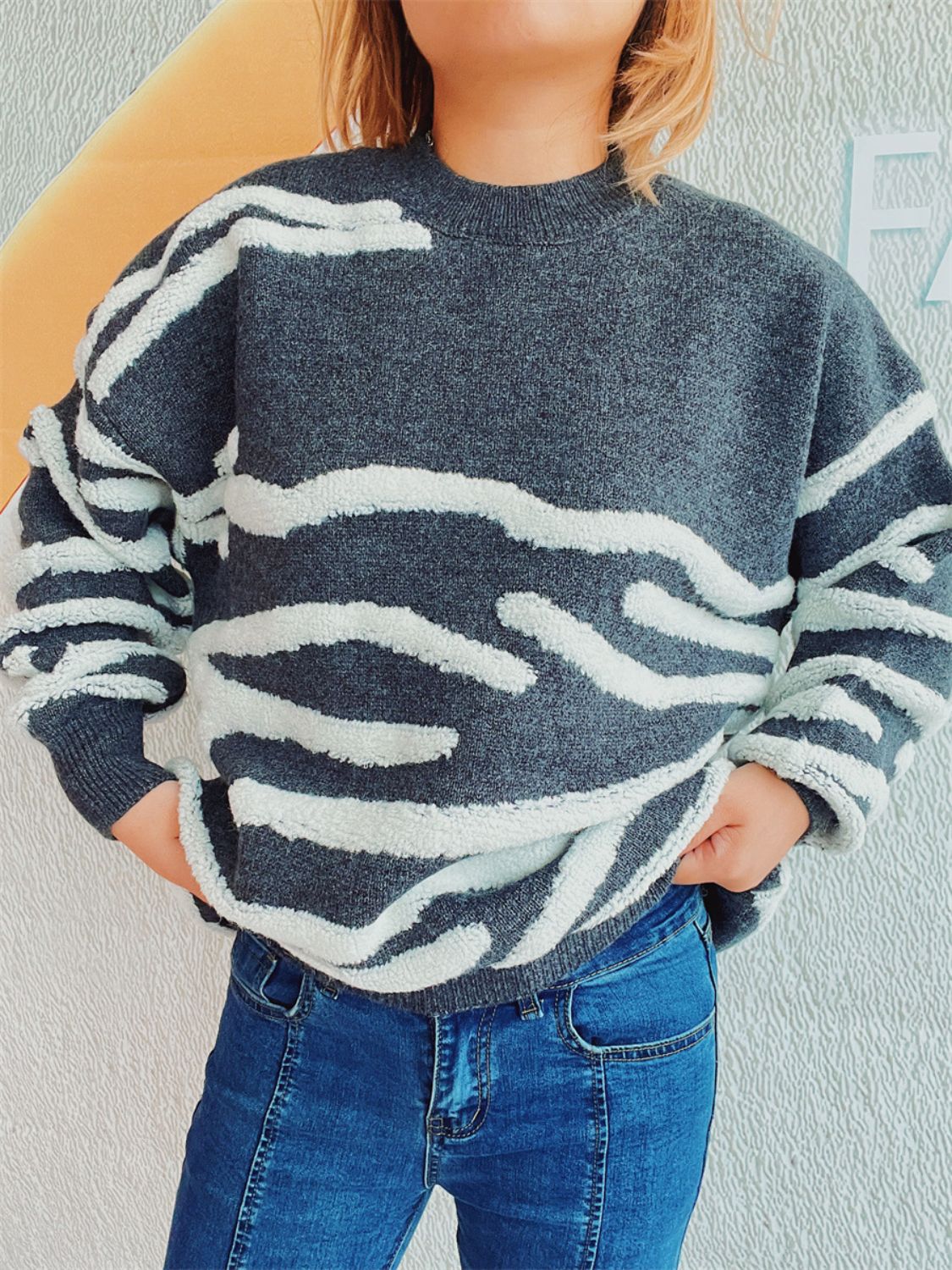 Contrast Round Neck Long Sleeve Sweater - Charming Charlie