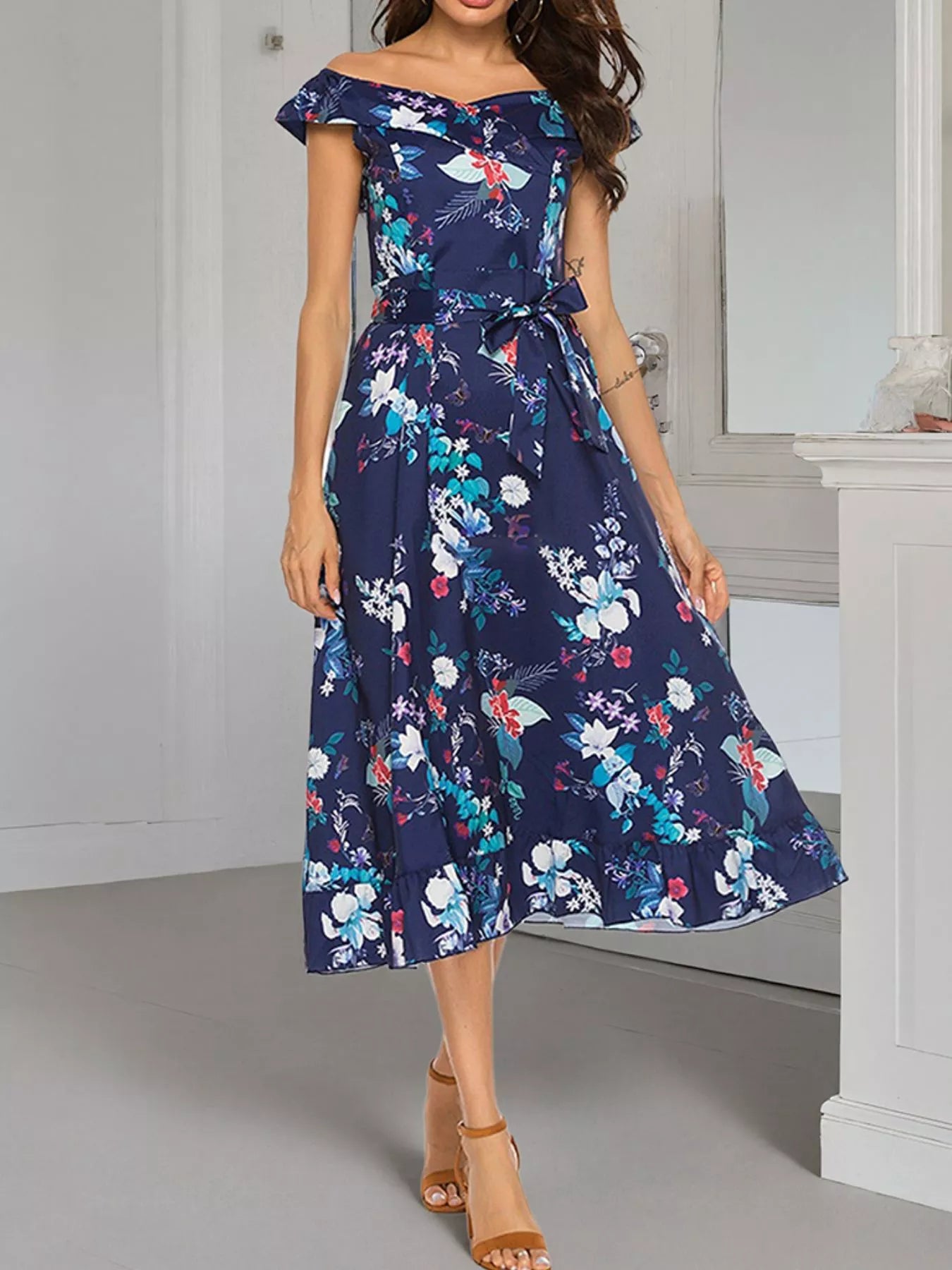 Floral Print Off Shoulder Midi Dress – Charming Charlie