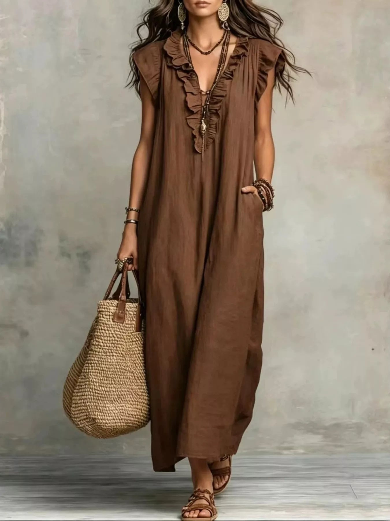 cap sleeve maxi dress casual Full Size Ruffled V-Neck Plus Size Brown / L Learn more at gapinc Neck:19 Birthday Loft Beach Crinkle Smocked