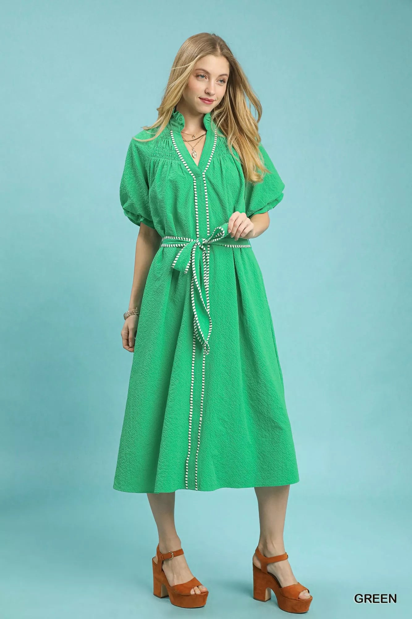 ruffle collar midi dress Umgee Ruffle Collar Midi Dress with Stripe Trim – Charming Charlie