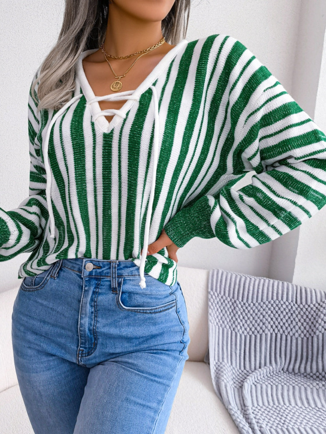 Striped Lace-Up Long Sleeve Sweater - Charming Charlie
