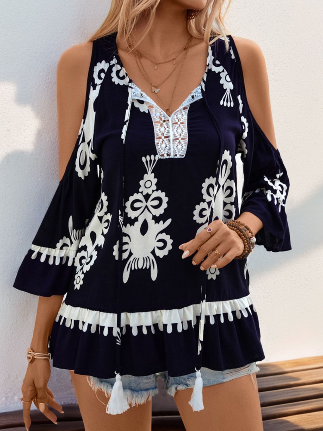 Tassel Printed Tie Neck Cold Shoulder Blouse - Charming Charlie
