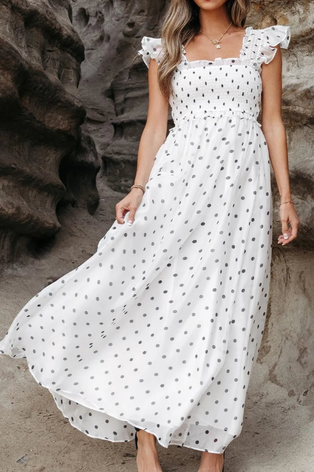 knee length dresses for ladies Polka Dot Ruffle Sleeve Smocked Midi Dress White / XL