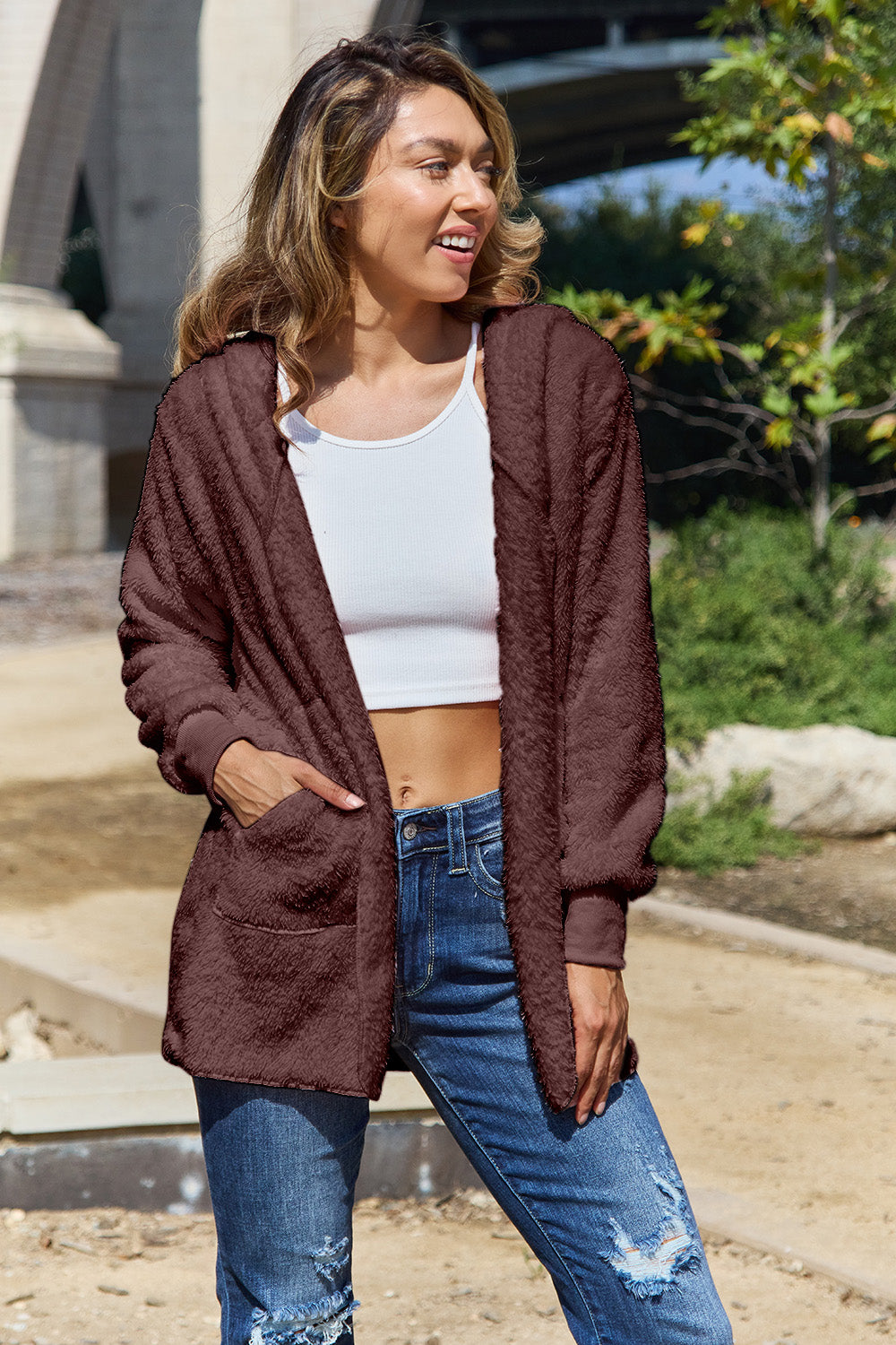 Full Size Teddy Hooded Jacket with Pockets - Charming Charlie