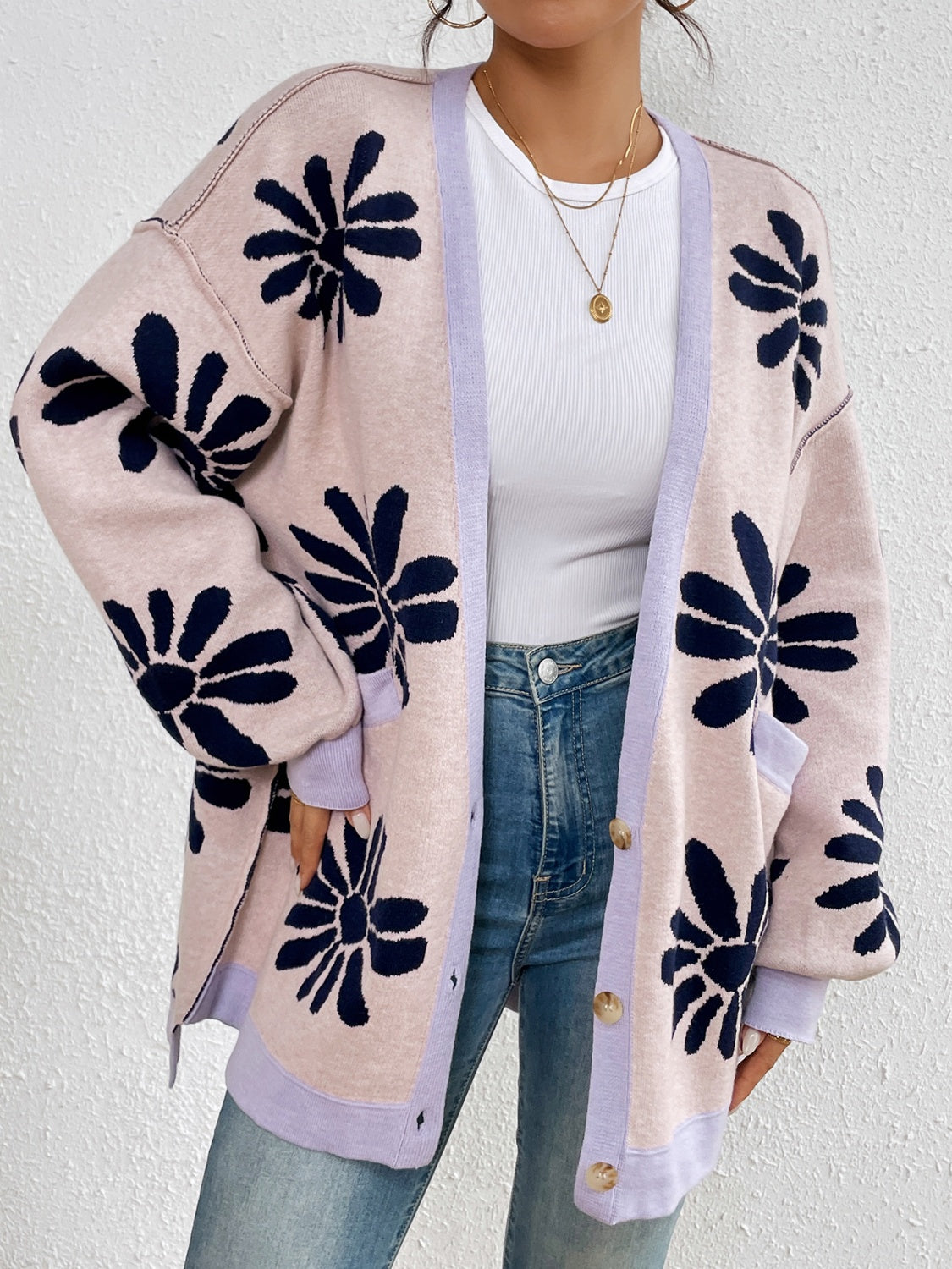 Contrast Dropped Shoulder Long Sleeve Cardigan - Charming Charlie