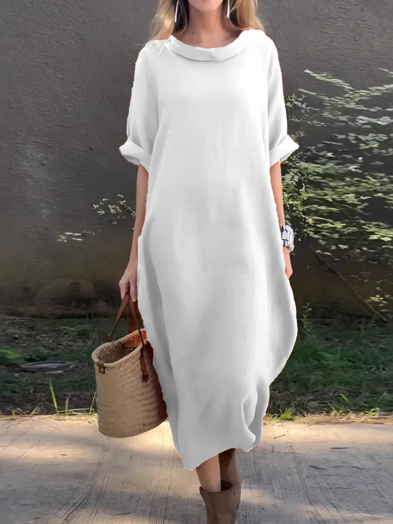 fitted lace wedding dress Full Size Casual Loose Fit Round Neck Midi Dress Plus Size – Charming  Charlie