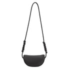 A small black crescent shaped vegan leather crossbody bag with a braided strap. 