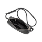 A small black crescent shaped vegan leather crossbody bag with a braided strap. 