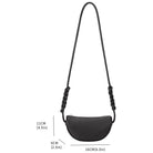 A measurement reference image for a small crescent shaped crossbody bag with a braided strap. 