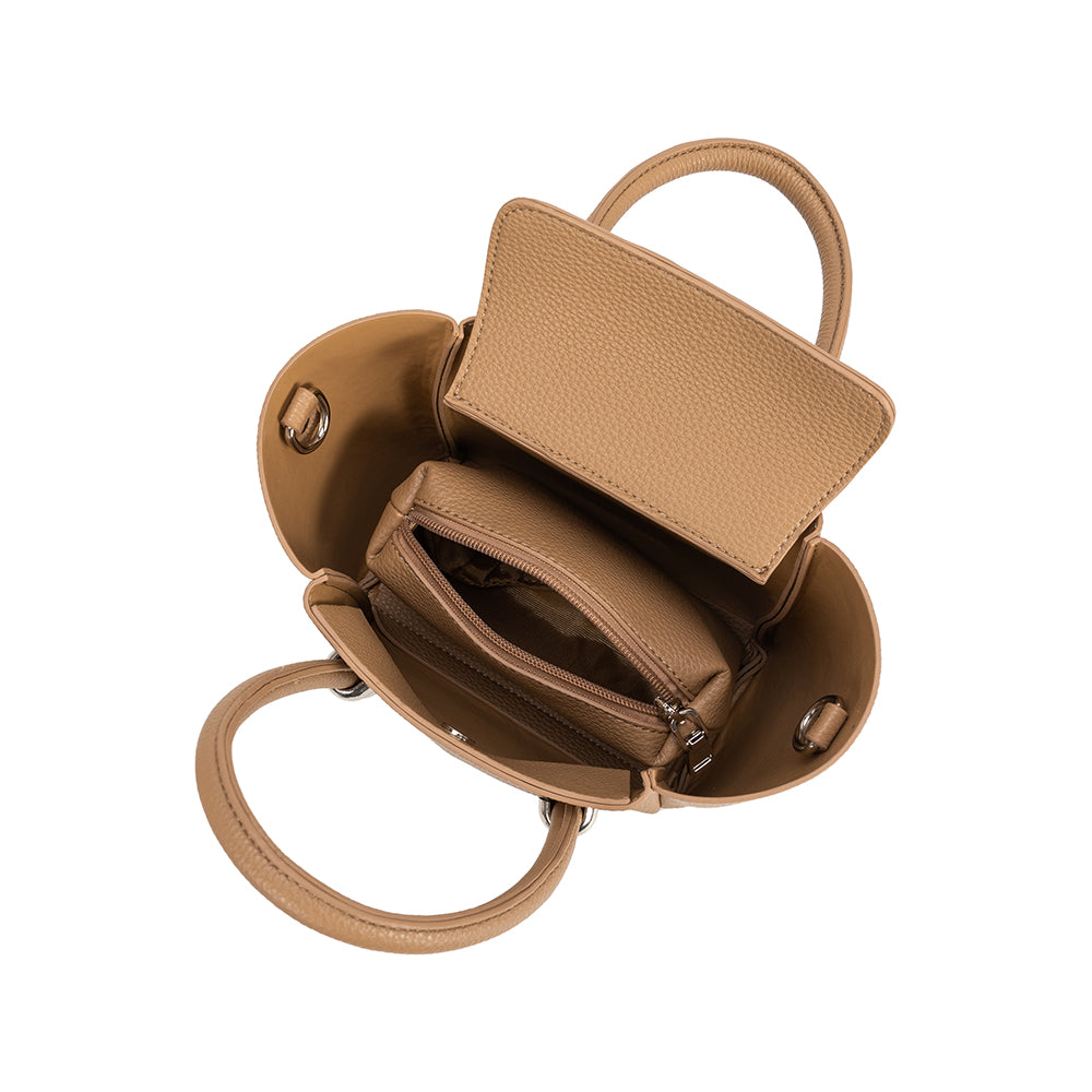 A nude recycled vegan leather top handle bag with zip pouch inside. 