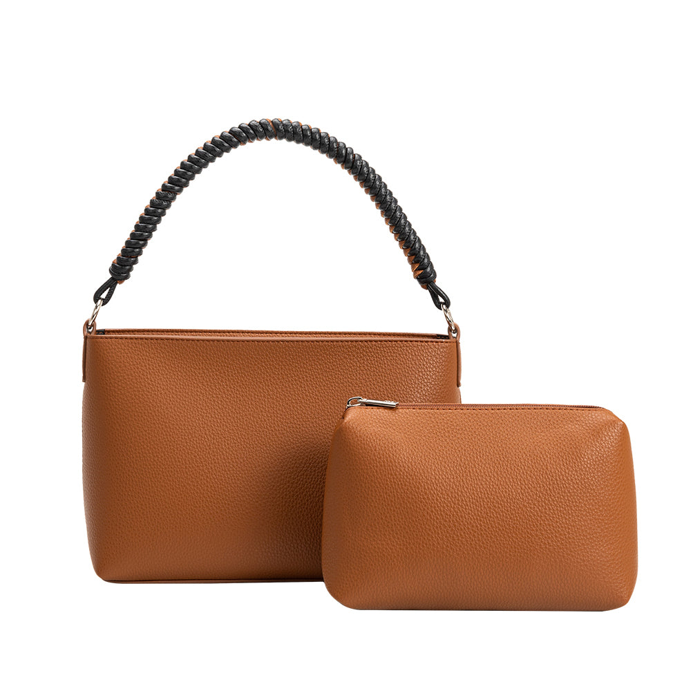 A saddle small recycled vegan leather crossbody handbag with a saddle zip pouch. 
