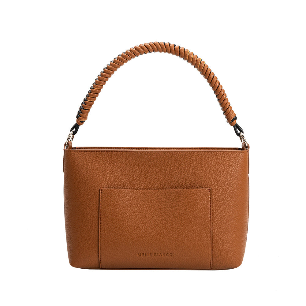 A saddle small recycled vegan leather crossbody handbag with woven handle. 