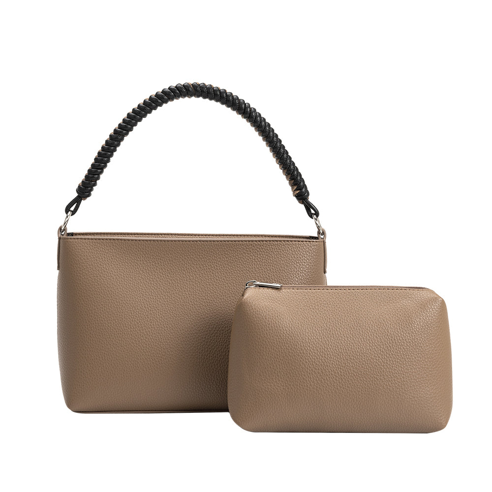 A taupe small recycled vegan leather crossbody handbag with a taupe zip pouch. 