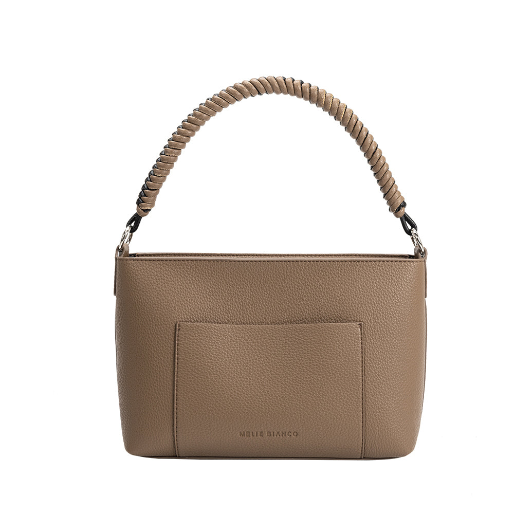 A taupe small recycled vegan leather crossbody handbag with a woven handle. 
