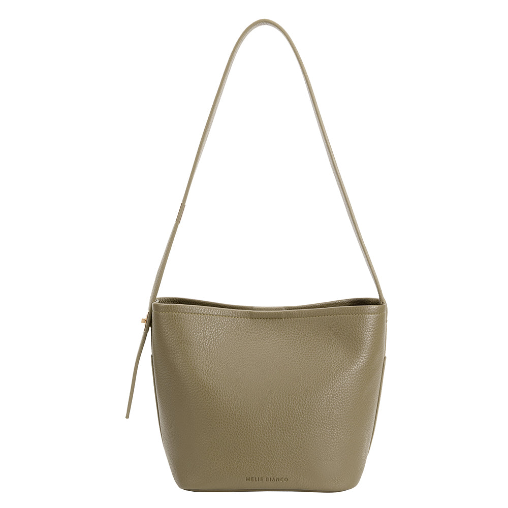 A sage recycled vegan leather shoulder bag with an adjustable strap.