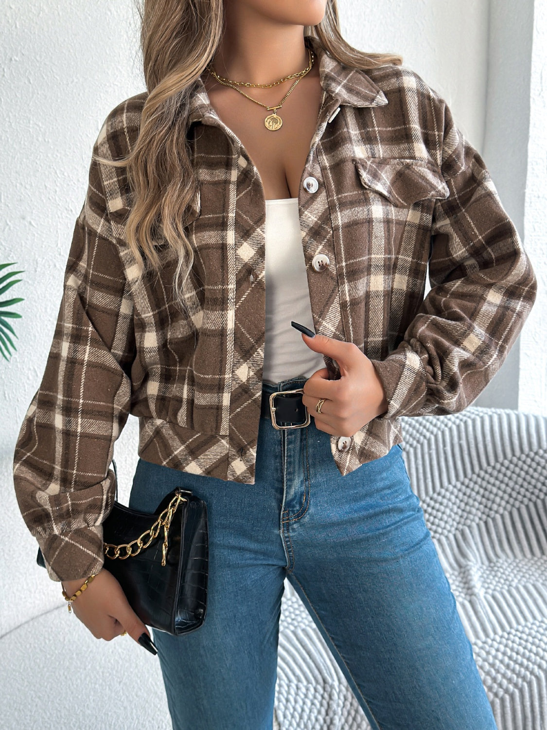 Plaid Button Up Long Sleeve Jacket - Charming Charlie
