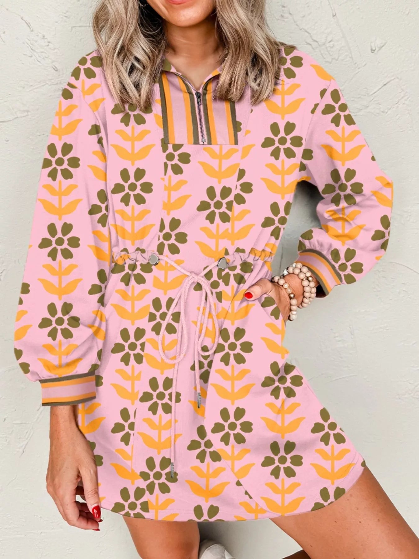 drawstring waist mini dress Printed Drawstring Waist Mini Dress Watermelon pink / L