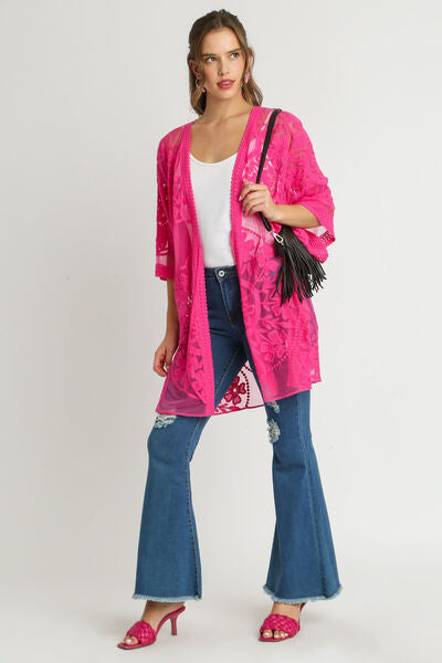 Umgee Full Size Floral Lace Open Front Kimono Sleevee Cover