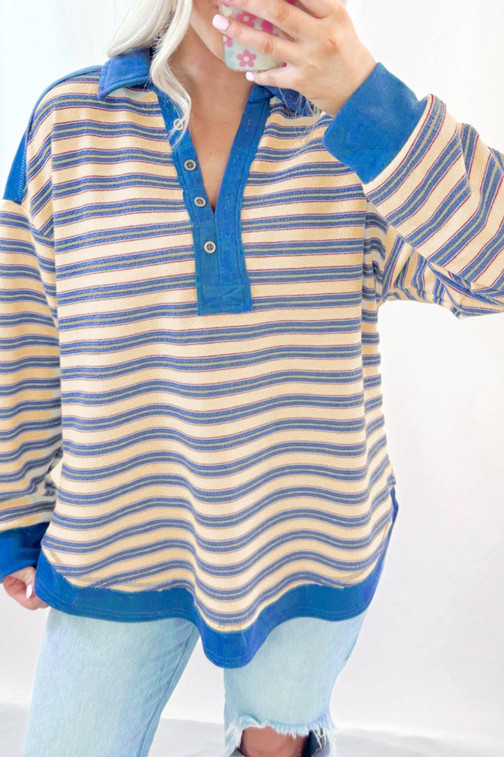 Striped Johnny Collar Long Sleeve Sweatshirt - Charming Charlie