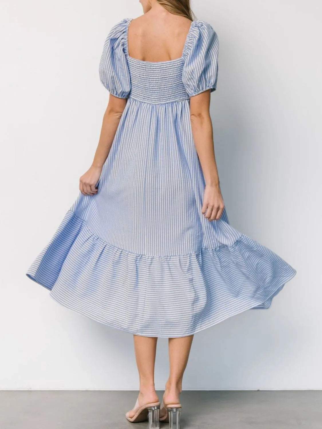 sweetheart neck puff sleeve midi dress Striped Sweetheart Neck Puff Sleeve Midi Dress Light Blue / XL