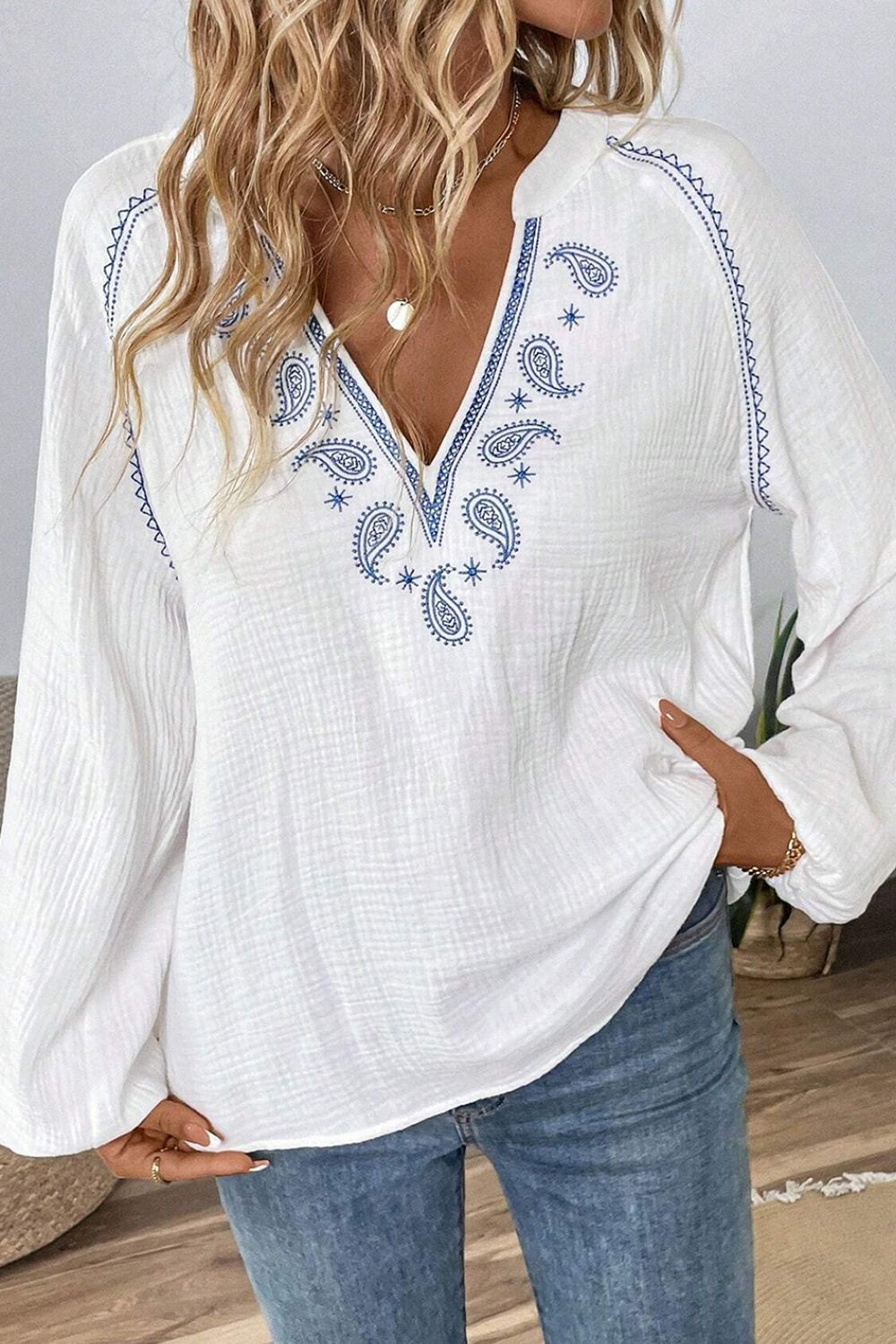 Embroidered Notched Long Sleeve Blouse - Charming Charlie