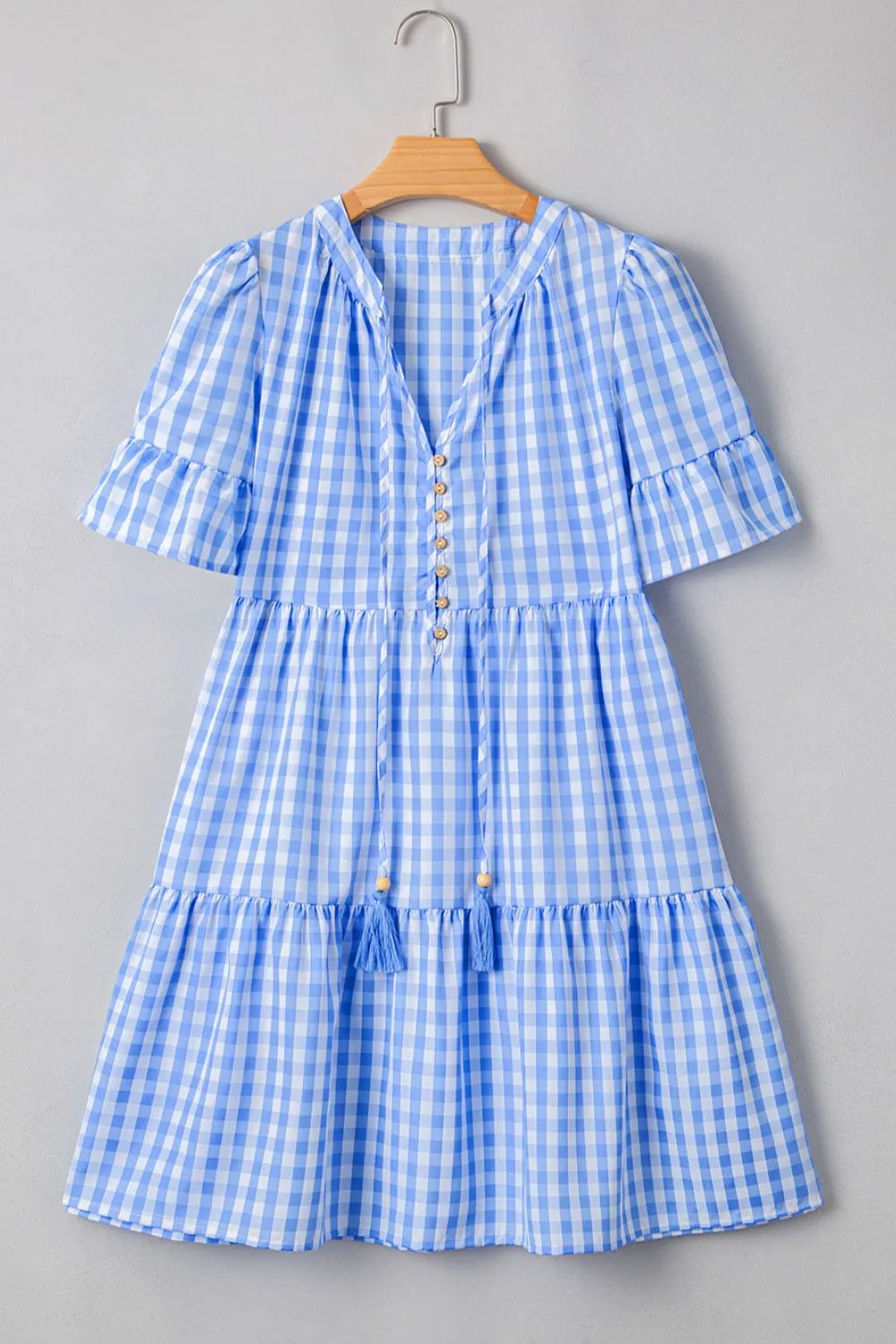 loose gingham dress Gingham Short Sleeve Button Tie Split Neck Loose Mini Dress – Charming  Charlie