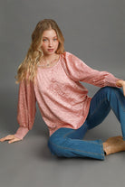 Umgee Wrinkled Round Neck Lantern Sleeve Blouse - Charming Charlie