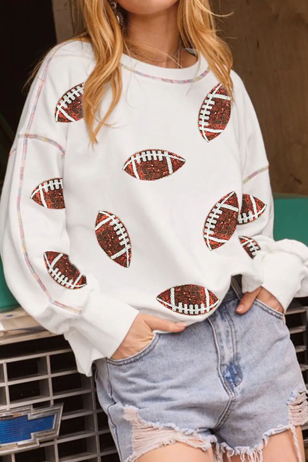 Sequin Football Round Neck Long Sleeve Sweatshirt - Charming Charlie