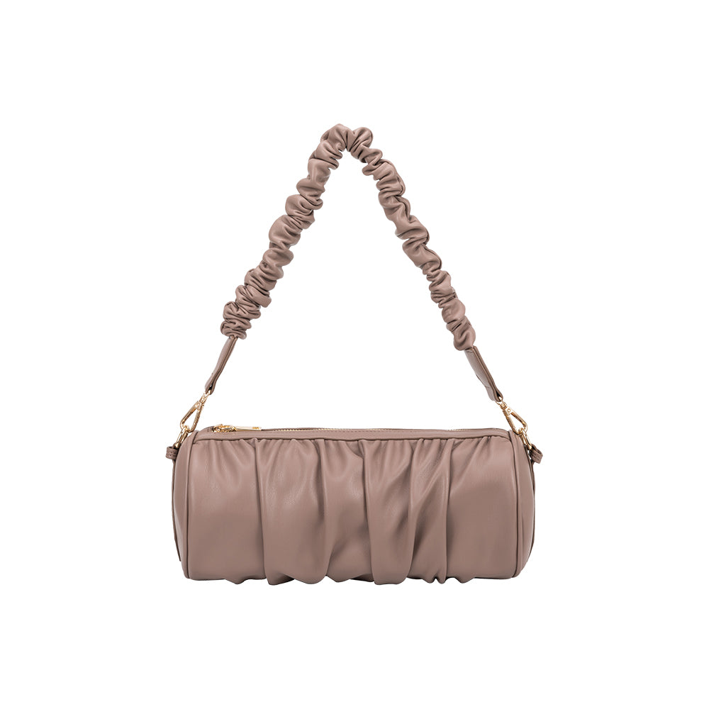 A medium taupe cylindrical-shaped shoulder bag with a ruched body and strap. 