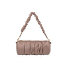 A medium taupe cylindrical-shaped shoulder bag with a ruched body and strap. 