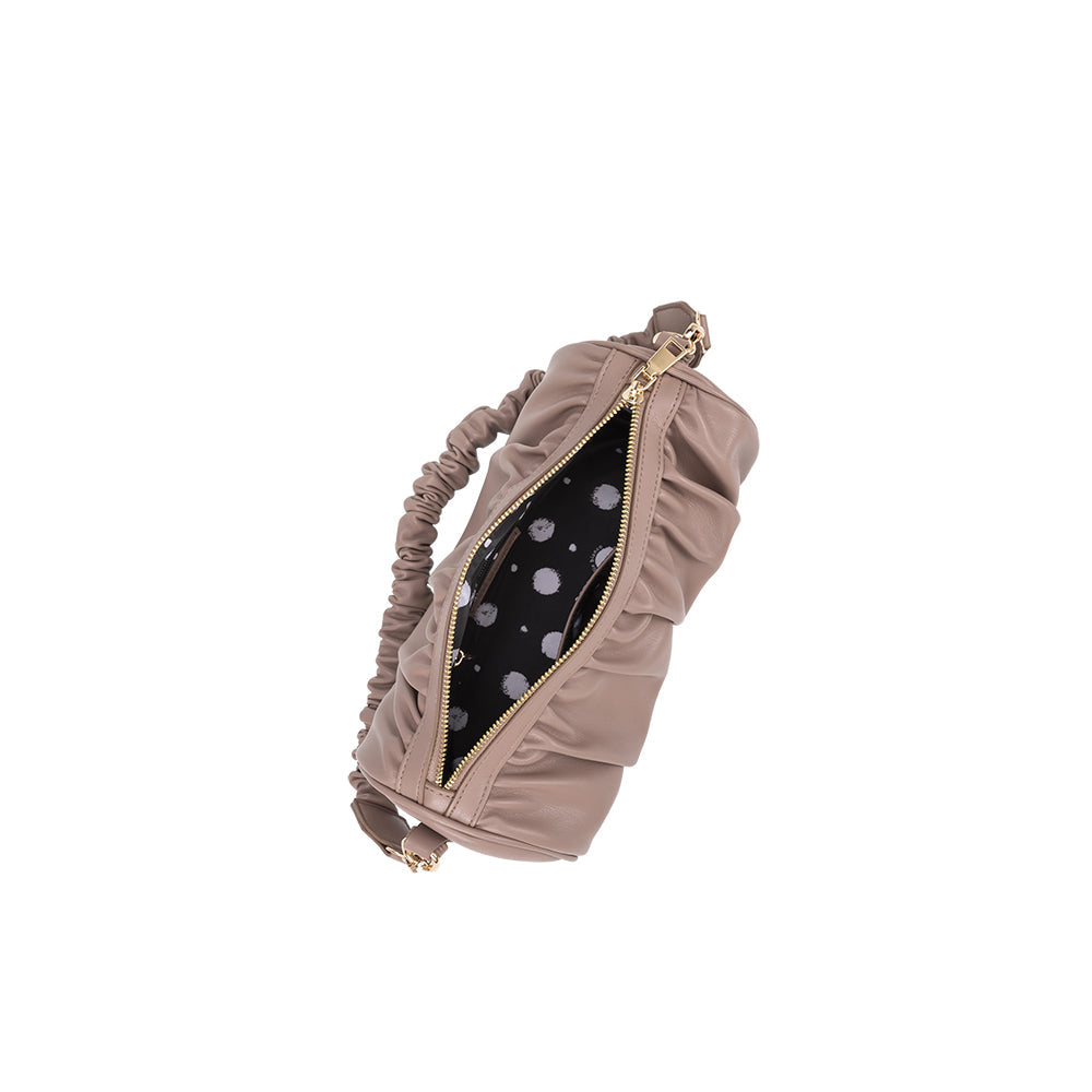 A medium taupe cylindrical-shaped shoulder bag with a ruched body and strap. 