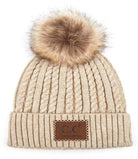 Beige C.C Double Braided Beanie Faux Fur Pom Pom & Leather Patch Winter Hat; reach for this classic toasty hat to keep you nice n warm in the chilly winter weather, the wintry touch finish to your outfit. Perfect Gift Birthday, Christmas, Holiday, Anniversary, Stocking Stuffer, Secret Santa, Valentine's Day, Loved One, BFF