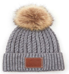 Light Grey C.C Double Braided Beanie Faux Fur Pom Pom & Leather Patch Winter Hat; reach for this classic toasty hat to keep you nice n warm in the chilly winter weather, the wintry touch finish to your outfit. Perfect Gift Birthday, Christmas, Holiday, Anniversary, Stocking Stuffer, Secret Santa, Valentine's Day, Loved One, BFF
