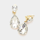 Clear, Gold Double Teardrop Stone Link Clip on Evening Earrings