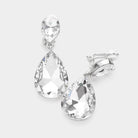 Clear, Silver Double Teardrop Stone Link Clip on Evening Earrings